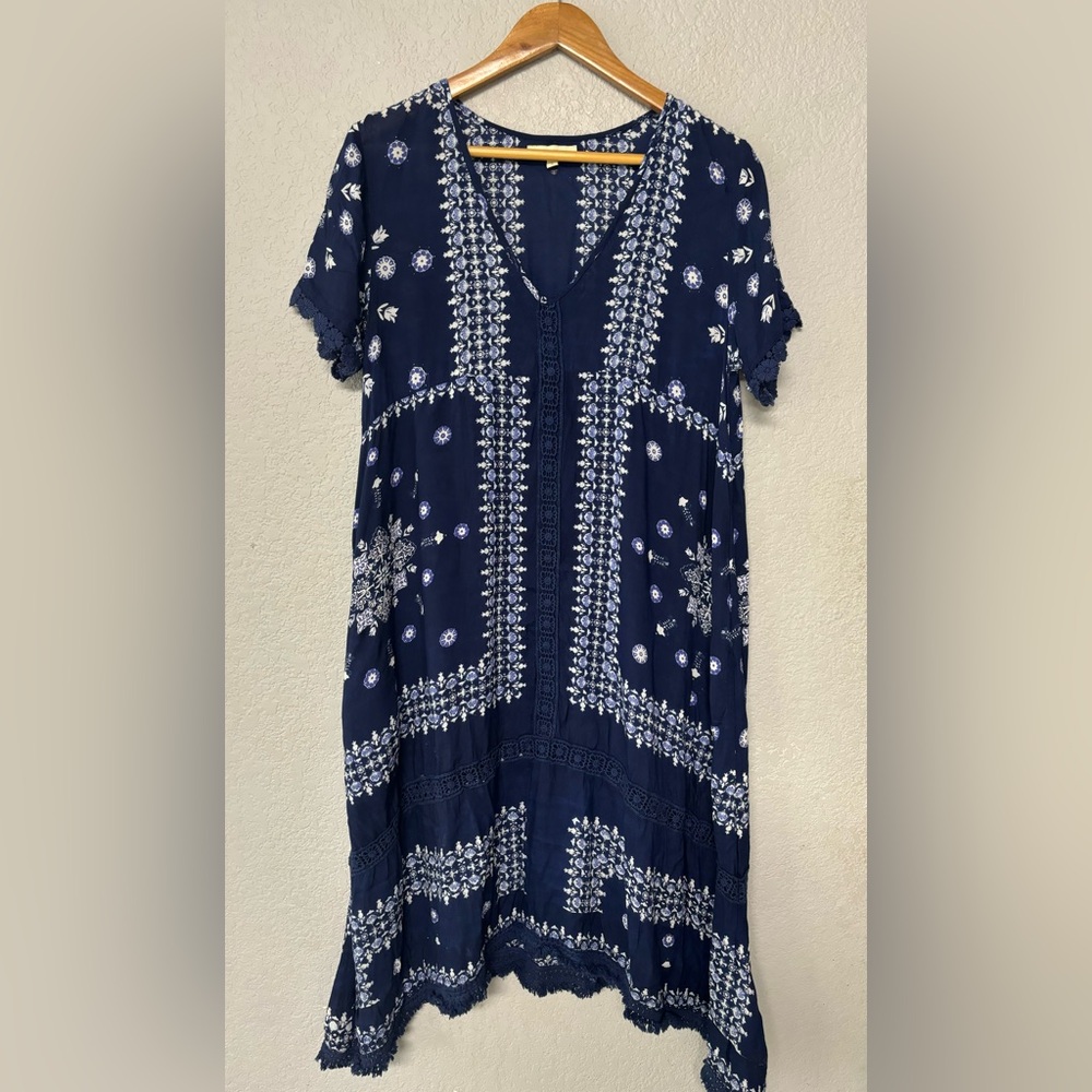 Ruby Yaya Navy Blue White‎ Floral Lace Trim Midi Dress Size S
